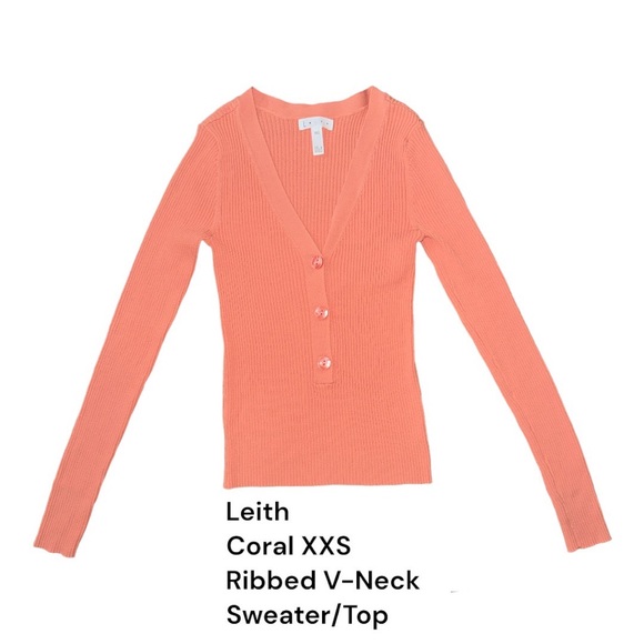 Leith XXS Coral Ribbed V-Neck Sweater with 3 buttons 🧡 - Picture 1 of 6